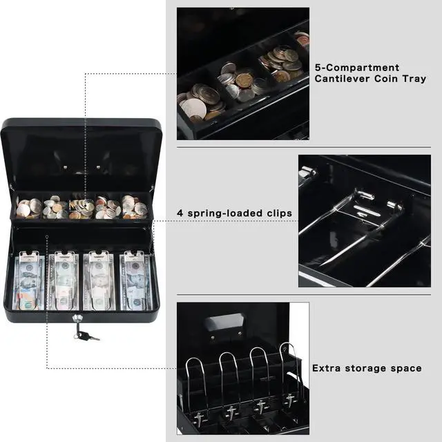 Alt view image 4 of 7 - Cash Box with Key Lock, Metal Money Box, Safe Storage box, Black Cash Box with Money Tray and Key Lock,Tiered, Cantilever Design,4 Bill / 5 Coin Slots,11.8" x 9.5" x 3.5"