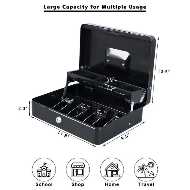 Alt view image 5 of 7 - Cash Box with Key Lock, Metal Money Box, Safe Storage box, Black Cash Box with Money Tray and Key Lock,Tiered, Cantilever Design,4 Bill / 5 Coin Slots,11.8" x 9.5" x 3.5"