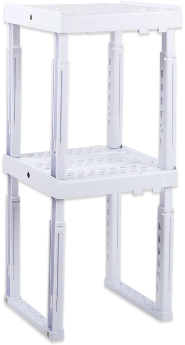 Main image of Adjustable Locker Shelf for School, Work & Gym Lockers Expandable Width & Height, Stackable, Magnetic Support, Durable Locker Organizer Shelf Fits Standard Lockers, White, Pack of 2