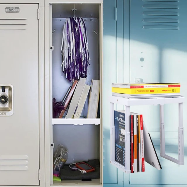 Alt view image 4 of 7 - Adjustable Locker Shelf for School, Work & Gym Lockers Expandable Width & Height, Stackable, Magnetic Support, Durable Locker Organizer Shelf Fits Standard Lockers, White, Pack of 2