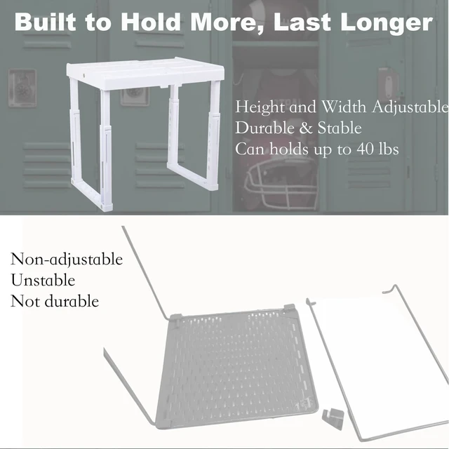 Alt view image 5 of 7 - Adjustable Locker Shelf for School, Work & Gym Lockers Expandable Width & Height, Stackable, Magnetic Support, Durable Locker Organizer Shelf Fits Standard Lockers, White, Pack of 2