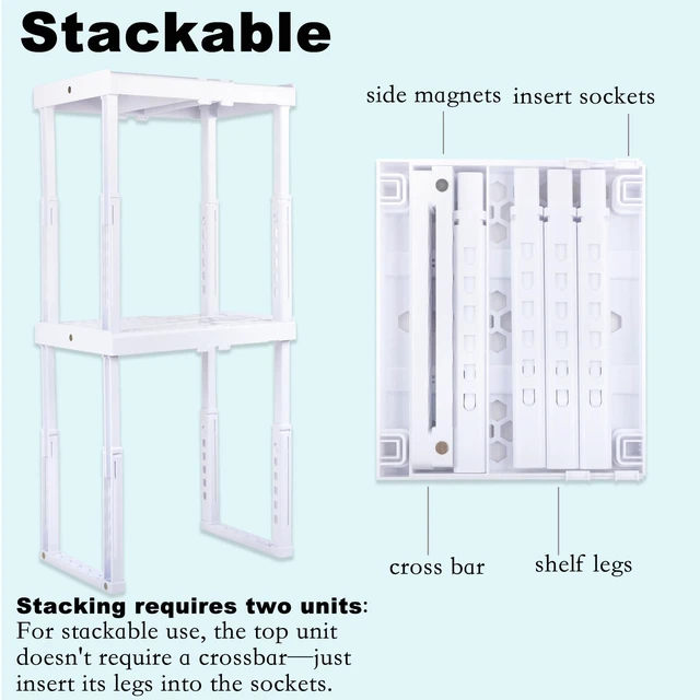 Alt view image 7 of 7 - Adjustable Locker Shelf for School, Work & Gym Lockers Expandable Width & Height, Stackable, Magnetic Support, Durable Locker Organizer Shelf Fits Standard Lockers, White, Pack of 2