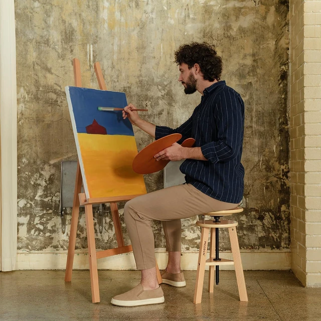 Alt view image 2 of 6 - Artist Wooden Drafting Stool Adjustable Height Art Stool for Studio Up to 220 Lbs, German Beech Wood Drafting Chair, Perfect for Artists Studio, Home Use, Kitchen, Bar Stool, Natural