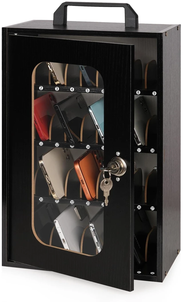 Main image of Wooden Phone Lock Box, Cell Phone Locker with 36 Adjustable Dividers Phone Storage Cabinet with Security Lock & Handle, Desktop Phone Organizer for Classroom, Office & Repair Shops