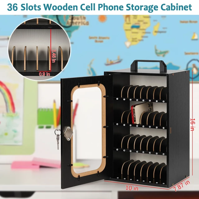 Alt view image 2 of 7 - Wooden Phone Lock Box, Cell Phone Locker with 36 Adjustable Dividers Phone Storage Cabinet with Security Lock & Handle, Desktop Phone Organizer for Classroom, Office & Repair Shops
