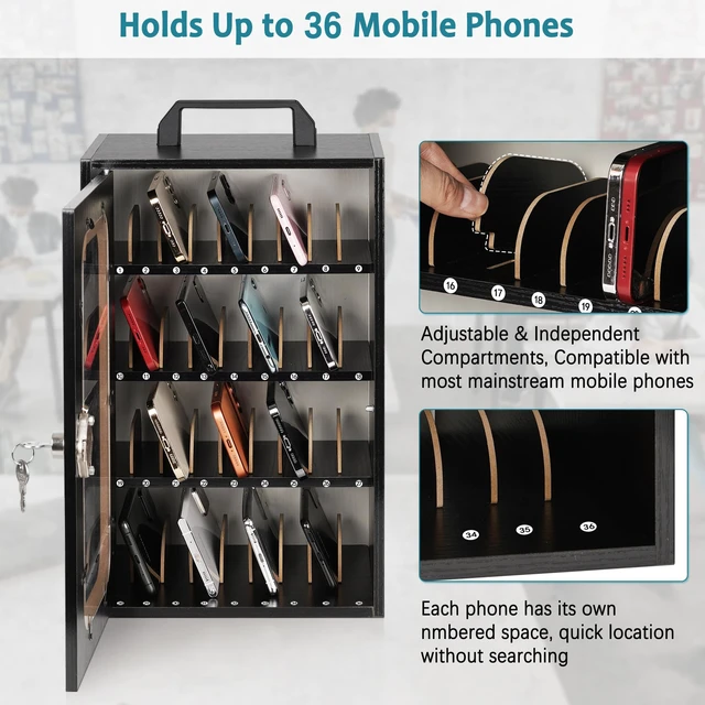 Alt view image 3 of 7 - Wooden Phone Lock Box, Cell Phone Locker with 36 Adjustable Dividers Phone Storage Cabinet with Security Lock & Handle, Desktop Phone Organizer for Classroom, Office & Repair Shops