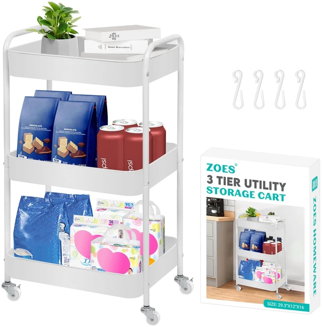 Main image of 3 Tier Metal Rolling Cart on Wheels,Heavy Duty Utility Cart Sturdy 3 Tiered Rolling Storage Cart With Hooks, Great For Craft, Art Workspace, Kitchen,Snack And Office Storage, White