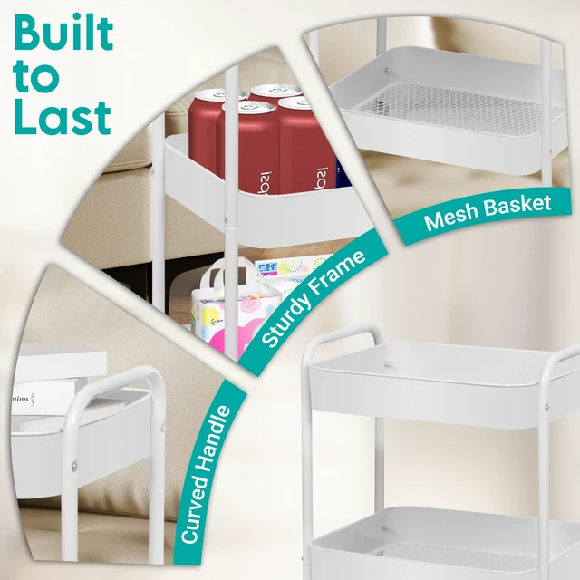 Alt view image 3 of 6 - 3 Tier Metal Rolling Cart on Wheels,Heavy Duty Utility Cart Sturdy 3 Tiered Rolling Storage Cart With Hooks, Great For Craft, Art Workspace, Kitchen,Snack And Office Storage, White