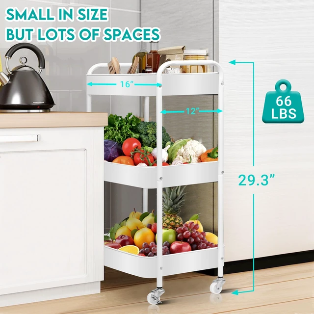 Alt view image 5 of 6 - 3 Tier Metal Rolling Cart on Wheels,Heavy Duty Utility Cart Sturdy 3 Tiered Rolling Storage Cart With Hooks, Great For Craft, Art Workspace, Kitchen,Snack And Office Storage, White