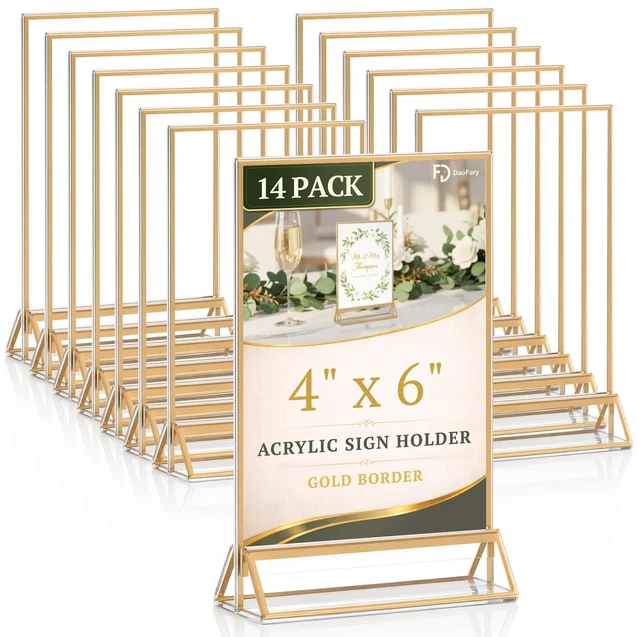 Main image of Acrylic Sign Holder 4x6, 14 Pack Double-Sided Gold Tabletop Frame Double-Sided Gold Acrylic Sign Holder and Table Number Frames for Menus, Flyers, Weddings and Restaurants