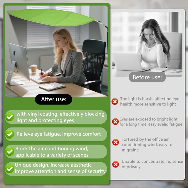 Alt view image 3 of 7 - Green Office Cubicle and Desk Shade for Cubicle to Block Light Ideal for Light Sensitive Workers,Adjustable,UV-Resistant-Blocks Overhead Light,Glare and AC Airflow