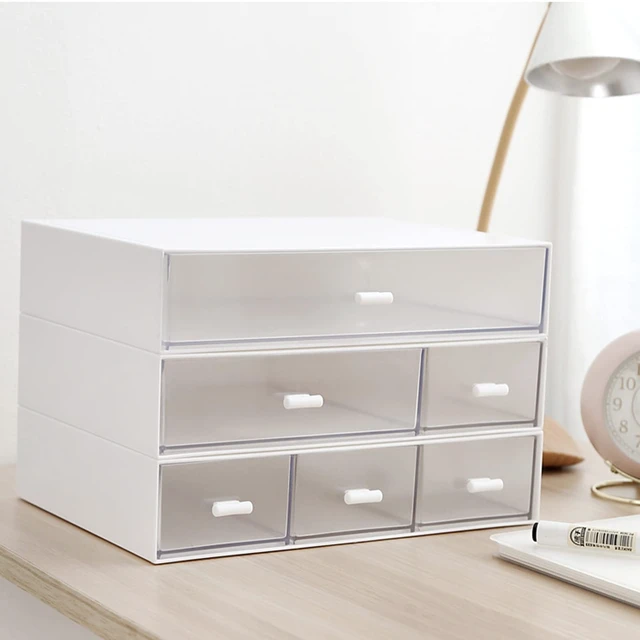 Alt view image 3 of 7 - Desk Organizer-3 Tier Stackable Storage Drawers with 6 Compartments White Compact Desk Storage Drawers Great for Makeup Storage Bathroom Organization Accessories Etc (White)