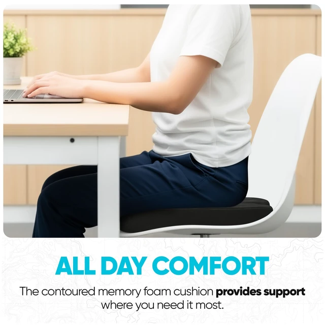 Alt view image 4 of 7 - Seat Cushion, Office Chair Cushion for Tailbone Sciatica Pain Relief Memory Foam Pillow for Car Ergonomic Design Washable Cover Non Slip Black