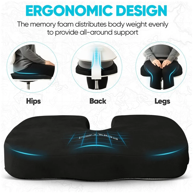 Alt view image 7 of 7 - Seat Cushion, Office Chair Cushion for Tailbone Sciatica Pain Relief Memory Foam Pillow for Car Ergonomic Design Washable Cover Non Slip Black