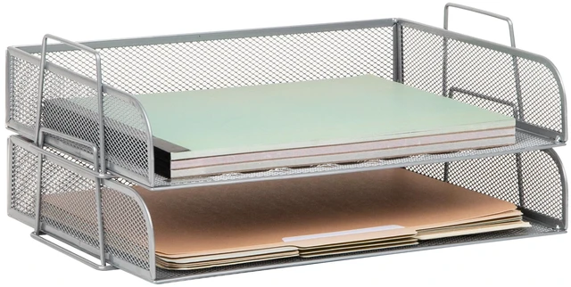 Main image of Stackable Paper Tray, Desktop Organizer, File Storage, Office, Metal Mesh, 2 Pcs., Silver