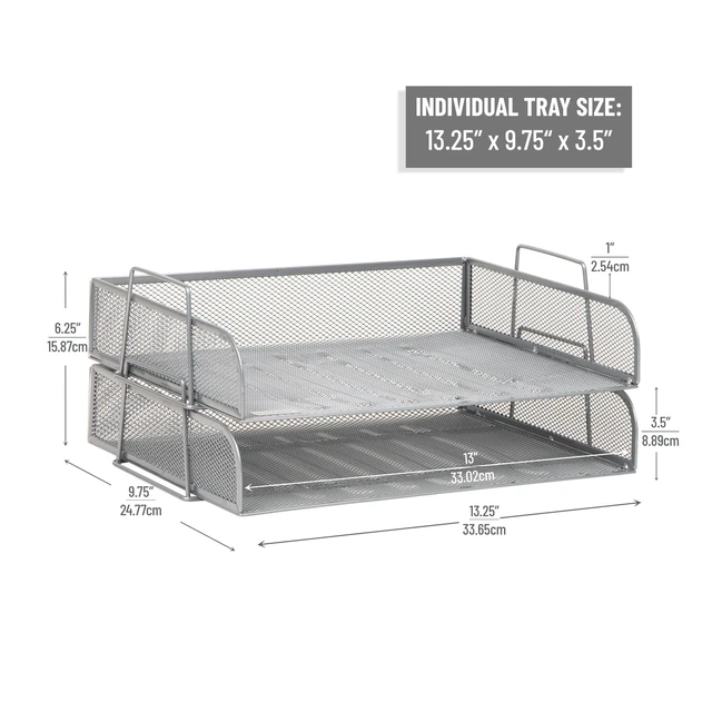 Alt view image 3 of 7 - Stackable Paper Tray, Desktop Organizer, File Storage, Office, Metal Mesh, 2 Pcs., Silver