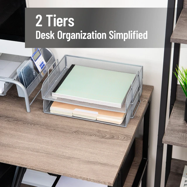 Alt view image 2 of 7 - Stackable Paper Tray, Desktop Organizer, File Storage, Office, Metal Mesh, 2 Pcs., Silver