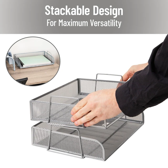 Alt view image 4 of 7 - Stackable Paper Tray, Desktop Organizer, File Storage, Office, Metal Mesh, 2 Pcs., Silver