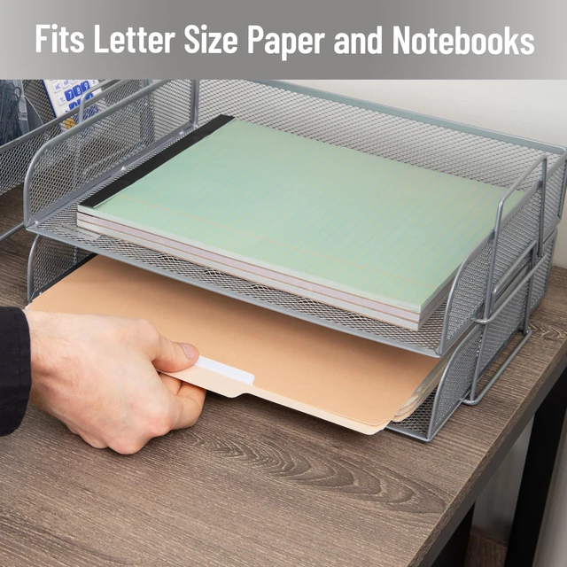 Alt view image 6 of 7 - Stackable Paper Tray, Desktop Organizer, File Storage, Office, Metal Mesh, 2 Pcs., Silver