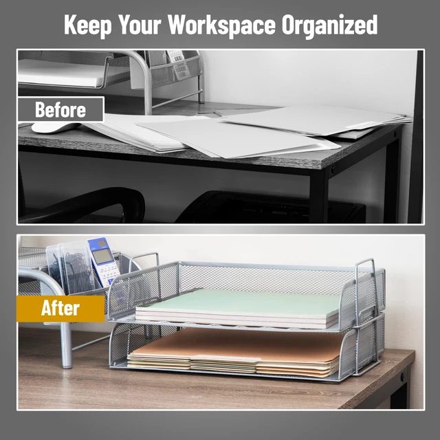 Alt view image 5 of 7 - Stackable Paper Tray, Desktop Organizer, File Storage, Office, Metal Mesh, 2 Pcs., Silver