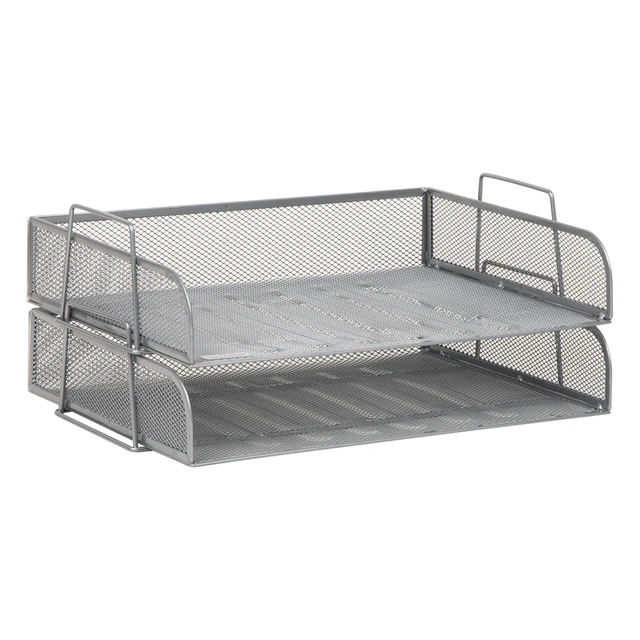 Alt view image 7 of 7 - Stackable Paper Tray, Desktop Organizer, File Storage, Office, Metal Mesh, 2 Pcs., Silver
