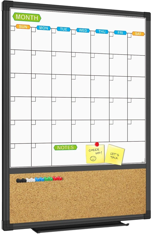 Main image of Magnetic Calendar Whiteboard & Bulletin Corkboard Combination, Combo Board 20 x 28 Inch, Black Aluminum Frame Wall Mounted Board for Office Home and School with 10 Push Pins