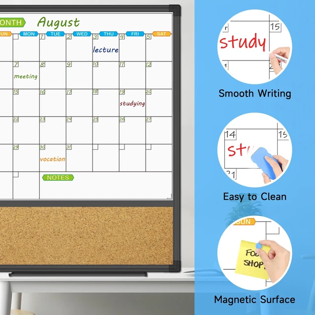 Alt view image 4 of 7 - Magnetic Calendar Whiteboard & Bulletin Corkboard Combination, Combo Board 20 x 28 Inch, Black Aluminum Frame Wall Mounted Board for Office Home and School with 10 Push Pins