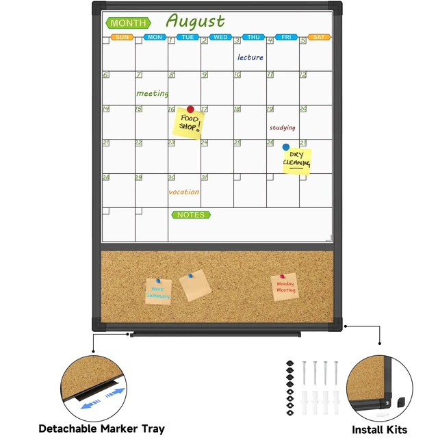 Alt view image 3 of 7 - Magnetic Calendar Whiteboard & Bulletin Corkboard Combination, Combo Board 20 x 28 Inch, Black Aluminum Frame Wall Mounted Board for Office Home and School with 10 Push Pins