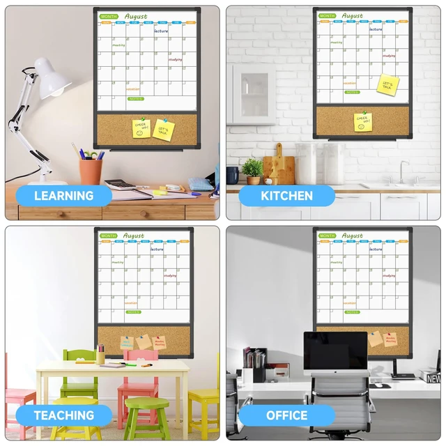Alt view image 5 of 7 - Magnetic Calendar Whiteboard & Bulletin Corkboard Combination, Combo Board 20 x 28 Inch, Black Aluminum Frame Wall Mounted Board for Office Home and School with 10 Push Pins
