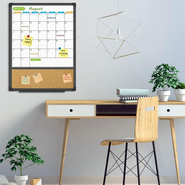 Alt view image 6 of 7 - Magnetic Calendar Whiteboard & Bulletin Corkboard Combination, Combo Board 20 x 28 Inch, Black Aluminum Frame Wall Mounted Board for Office Home and School with 10 Push Pins