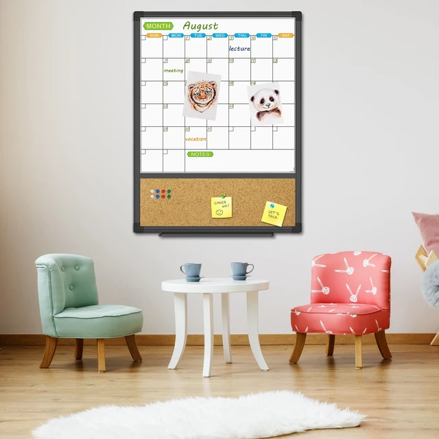 Alt view image 7 of 7 - Magnetic Calendar Whiteboard & Bulletin Corkboard Combination, Combo Board 20 x 28 Inch, Black Aluminum Frame Wall Mounted Board for Office Home and School with 10 Push Pins