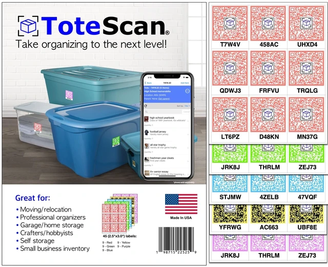 Main image of Intelligent QR Labels for Organization/Moving/Storage (45 Unique Labels, 2.5"x3") Multi-Color (red/Green/Blue/Yellow/Purple) (Multi-Color)