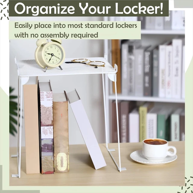 Alt view image 4 of 6 - Metal Locker Shelf Organizer Stackable School, Single Layer, White Back to School Essentials, Fits Standard Size School Lockers, Collapsible Organizer Accessories, Gym Work Kitchen Office