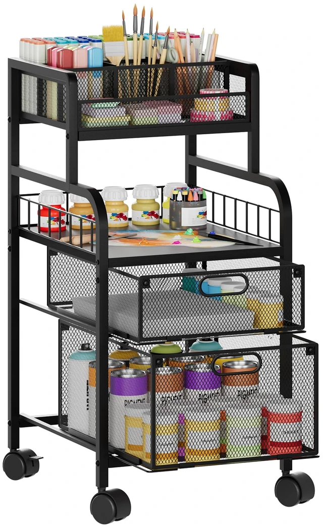 Main image of Rolling Cart with Drawers - Metal Craft Cart with Wheels, DIY Divider and Wood Shelf, Art Supply Organizer for Under Desk Storage, Utility Storage Cart for Home Office Studio, Black