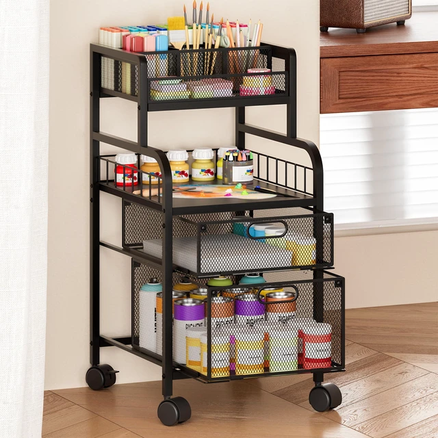 Alt view image 2 of 7 - Rolling Cart with Drawers - Metal Craft Cart with Wheels, DIY Divider and Wood Shelf, Art Supply Organizer for Under Desk Storage, Utility Storage Cart for Home Office Studio, Black