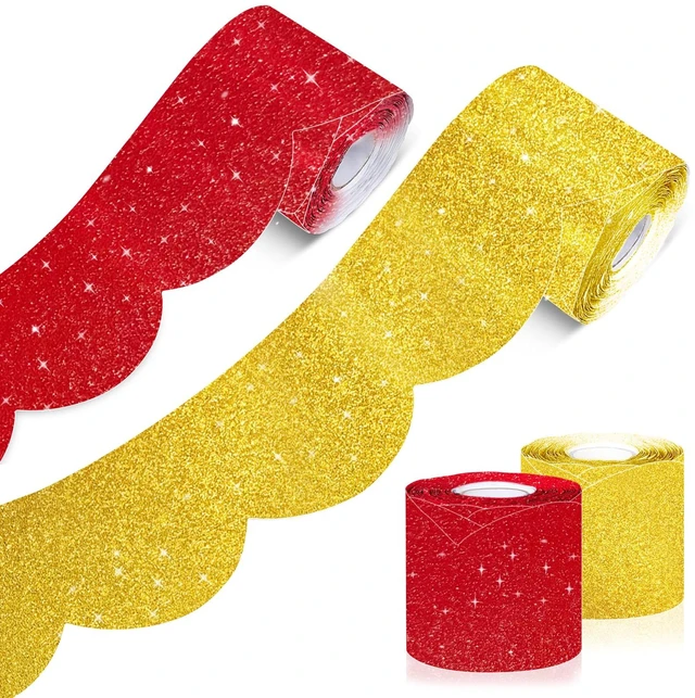 Main image of 140Ft Glitter Scalloped Bulletin Board Borders - 2 Rolls Red & Gold Rolled Border Trim with Wavy Line Design, Shiny Decorative Roll for School, Classroom & Office