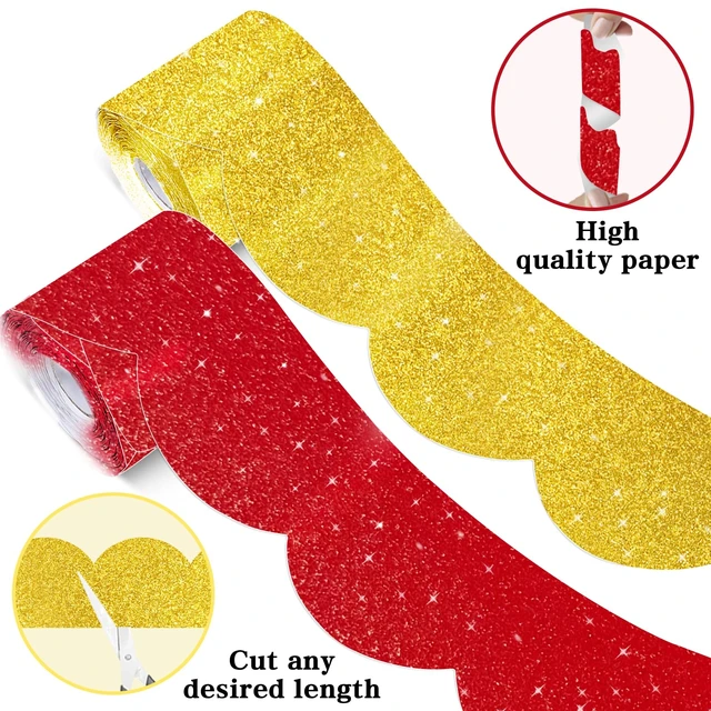Alt view image 3 of 7 - 140Ft Glitter Scalloped Bulletin Board Borders - 2 Rolls Red & Gold Rolled Border Trim with Wavy Line Design, Shiny Decorative Roll for School, Classroom & Office