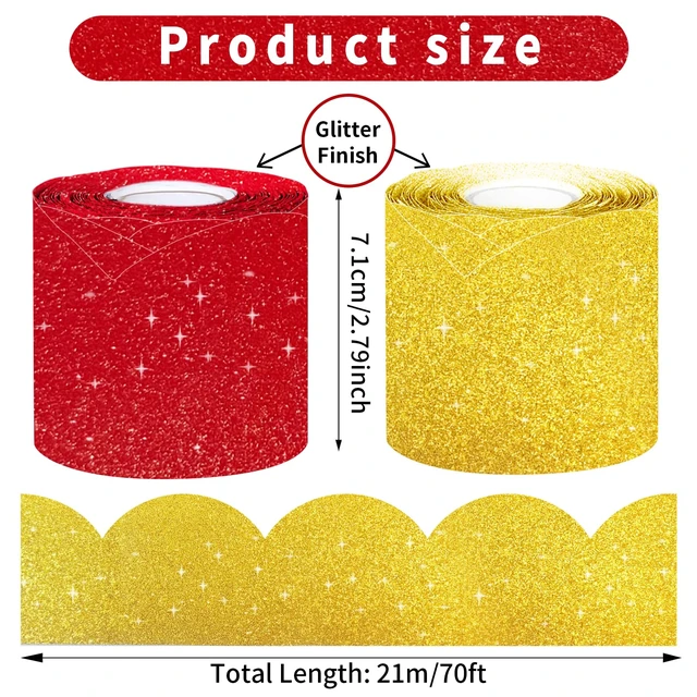 Alt view image 2 of 7 - 140Ft Glitter Scalloped Bulletin Board Borders - 2 Rolls Red & Gold Rolled Border Trim with Wavy Line Design, Shiny Decorative Roll for School, Classroom & Office