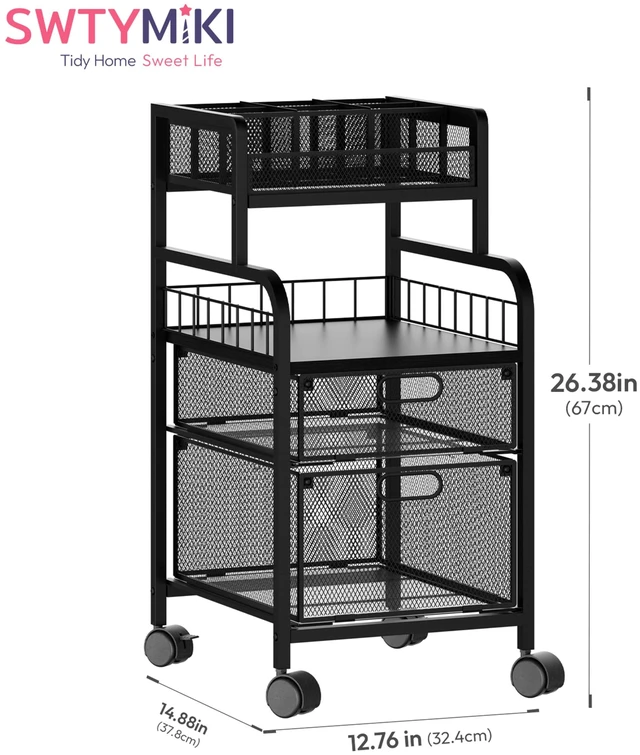 Alt view image 3 of 7 - Rolling Cart with Drawers - Metal Craft Cart with Wheels, DIY Divider and Wood Shelf, Art Supply Organizer for Under Desk Storage, Utility Storage Cart for Home Office Studio, Black
