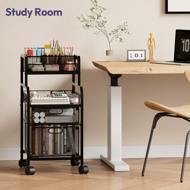 Alt view image 4 of 7 - Rolling Cart with Drawers - Metal Craft Cart with Wheels, DIY Divider and Wood Shelf, Art Supply Organizer for Under Desk Storage, Utility Storage Cart for Home Office Studio, Black