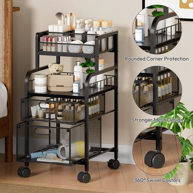 Alt view image 5 of 7 - Rolling Cart with Drawers - Metal Craft Cart with Wheels, DIY Divider and Wood Shelf, Art Supply Organizer for Under Desk Storage, Utility Storage Cart for Home Office Studio, Black