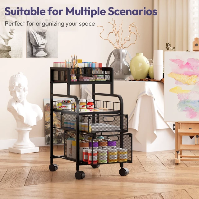Alt view image 7 of 7 - Rolling Cart with Drawers - Metal Craft Cart with Wheels, DIY Divider and Wood Shelf, Art Supply Organizer for Under Desk Storage, Utility Storage Cart for Home Office Studio, Black
