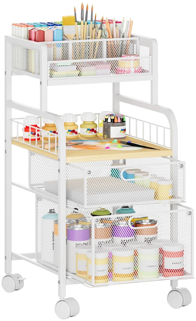 Main image of Rolling Cart with Drawers - Metal Craft Cart with Wheels, DIY Divider and Wood Shelf, Art Supply Organizer for Under Desk Storage, Utility Storage Cart for Home Office Studio, White