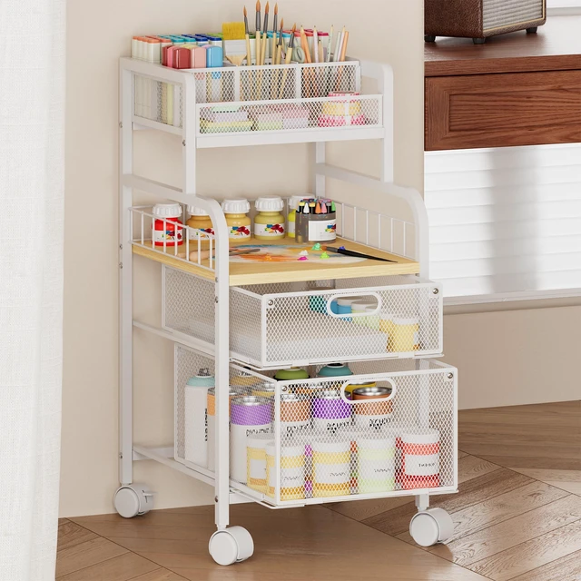 Alt view image 2 of 7 - Rolling Cart with Drawers - Metal Craft Cart with Wheels, DIY Divider and Wood Shelf, Art Supply Organizer for Under Desk Storage, Utility Storage Cart for Home Office Studio, White