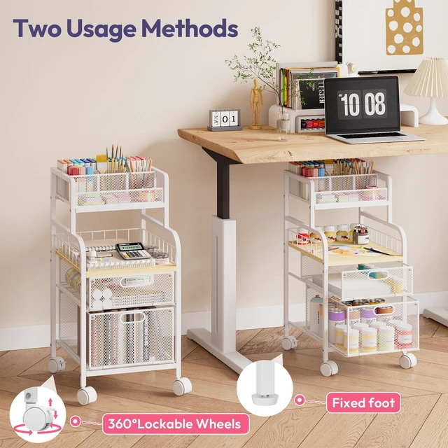 Alt view image 4 of 7 - Rolling Cart with Drawers - Metal Craft Cart with Wheels, DIY Divider and Wood Shelf, Art Supply Organizer for Under Desk Storage, Utility Storage Cart for Home Office Studio, White