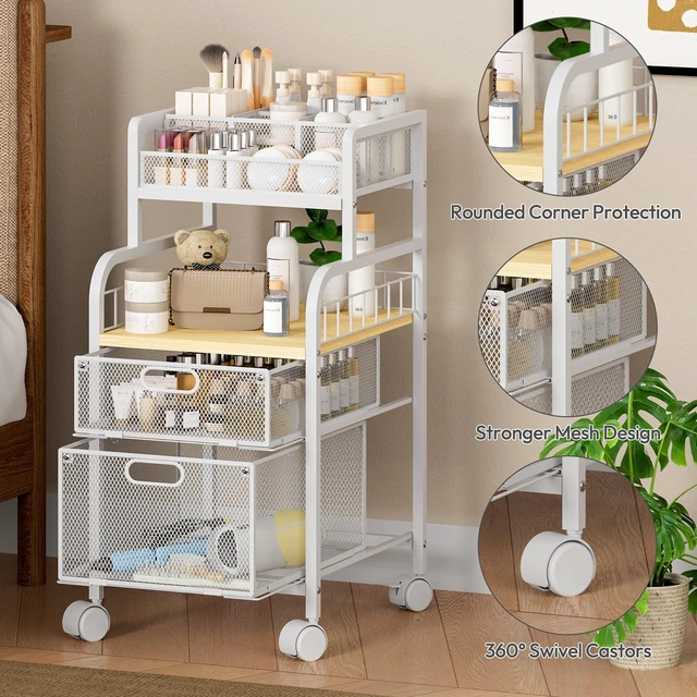 Alt view image 5 of 7 - Rolling Cart with Drawers - Metal Craft Cart with Wheels, DIY Divider and Wood Shelf, Art Supply Organizer for Under Desk Storage, Utility Storage Cart for Home Office Studio, White