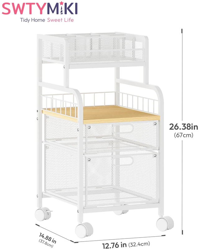 Alt view image 3 of 7 - Rolling Cart with Drawers - Metal Craft Cart with Wheels, DIY Divider and Wood Shelf, Art Supply Organizer for Under Desk Storage, Utility Storage Cart for Home Office Studio, White