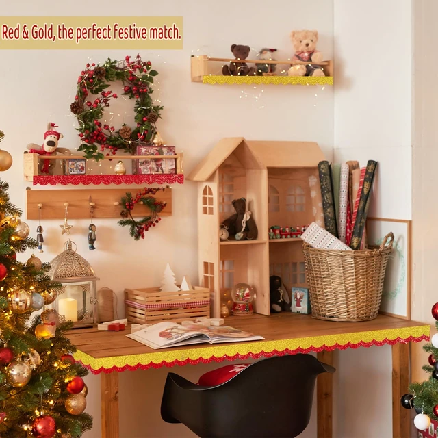 Alt view image 5 of 7 - 140Ft Glitter Scalloped Bulletin Board Borders - 2 Rolls Red & Gold Rolled Border Trim with Wavy Line Design, Shiny Decorative Roll for School, Classroom & Office