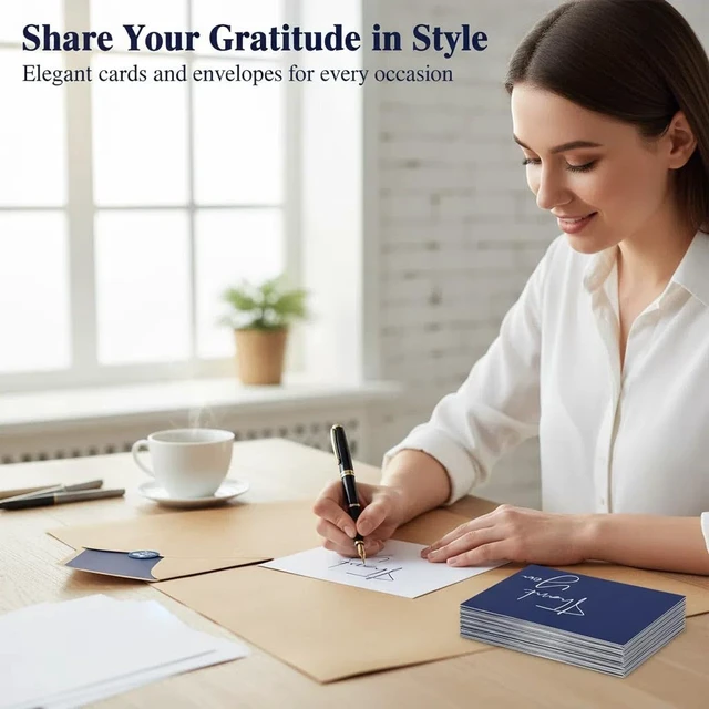 Alt view image 2 of 6 - 100 Pack Thank You Cards With Envelopes Bulk Set & Stickers - 4x6 inch Blank Thank You Notes Bulk Box Set - Large Note Card Small Business, Wedding, Baby Shower & Bridal Shower - Navy Blue