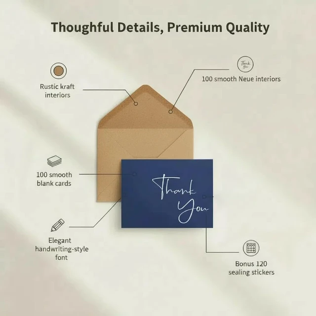 Alt view image 5 of 6 - 100 Pack Thank You Cards With Envelopes Bulk Set & Stickers - 4x6 inch Blank Thank You Notes Bulk Box Set - Large Note Card Small Business, Wedding, Baby Shower & Bridal Shower - Navy Blue